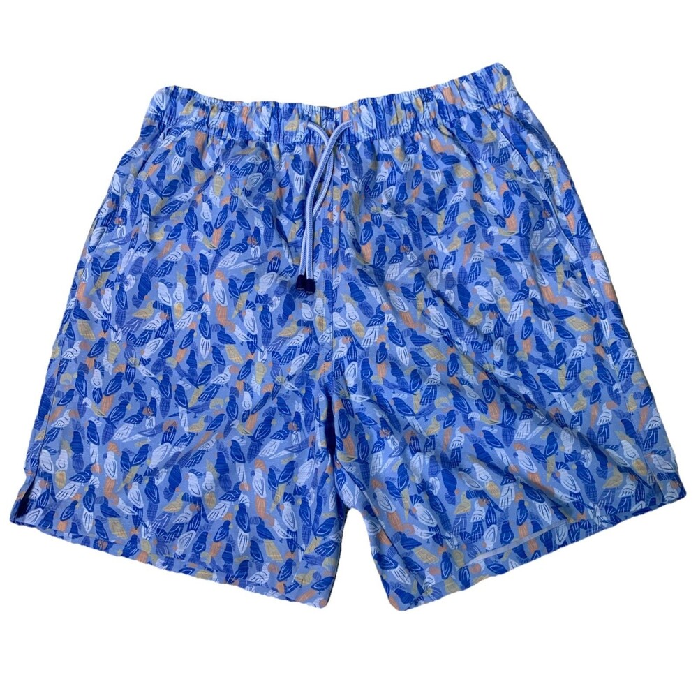 New Peter Millar Parrot Talk Crown Swim Trunks Blue Tropical Print Men's Size S